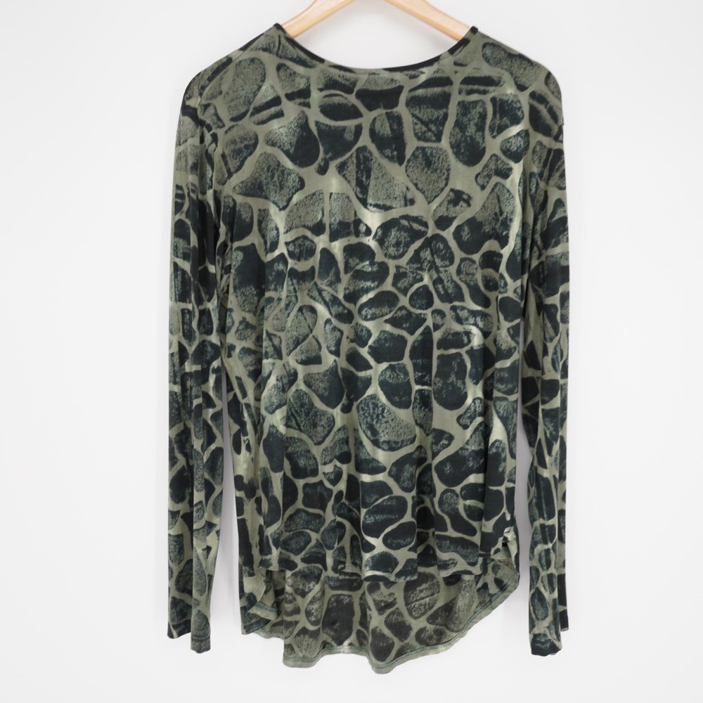 Annie Turbin Long Sleeve Pullover Tunic Top Womens S Green Abstract Stretch USA